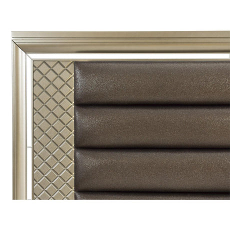 Loudon Champagne Beige Engineered Wood Metallic Faux Leather Upholstered King Storage Platform Bed - Ella Furniture