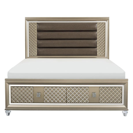 Loudon Champagne Beige Engineered Wood Metallic Faux Leather Upholstered King Storage Platform Bed - Ella Furniture
