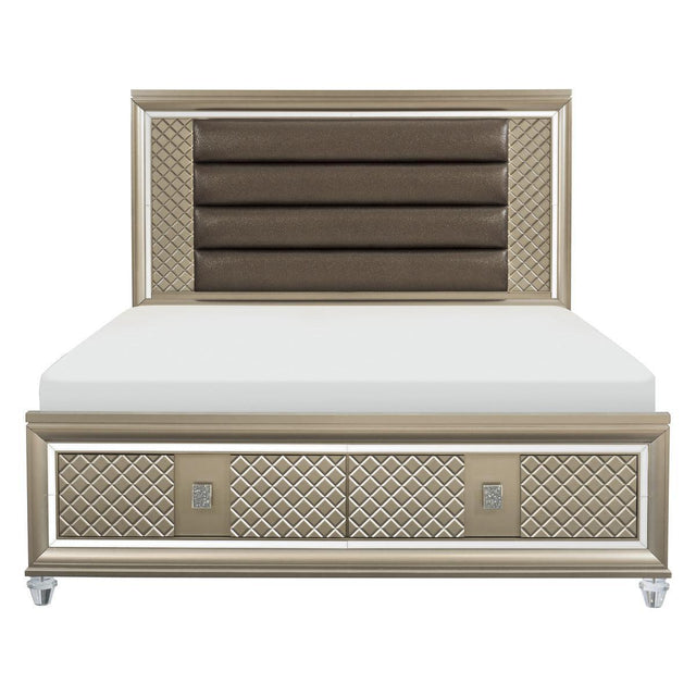 Loudon Champagne Beige Engineered Wood Metallic Faux Leather Upholstered King Storage Platform Bed - Ella Furniture
