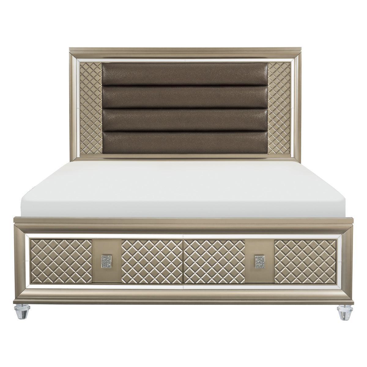 Loudon Champagne Beige Engineered Wood Metallic Faux Leather Upholstered King Storage Platform Bed - Ella Furniture