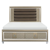 Loudon Champagne Beige Wood Metallic Faux Leather Upholstered LED Queen Storage Platform Bed - Ella Furniture
