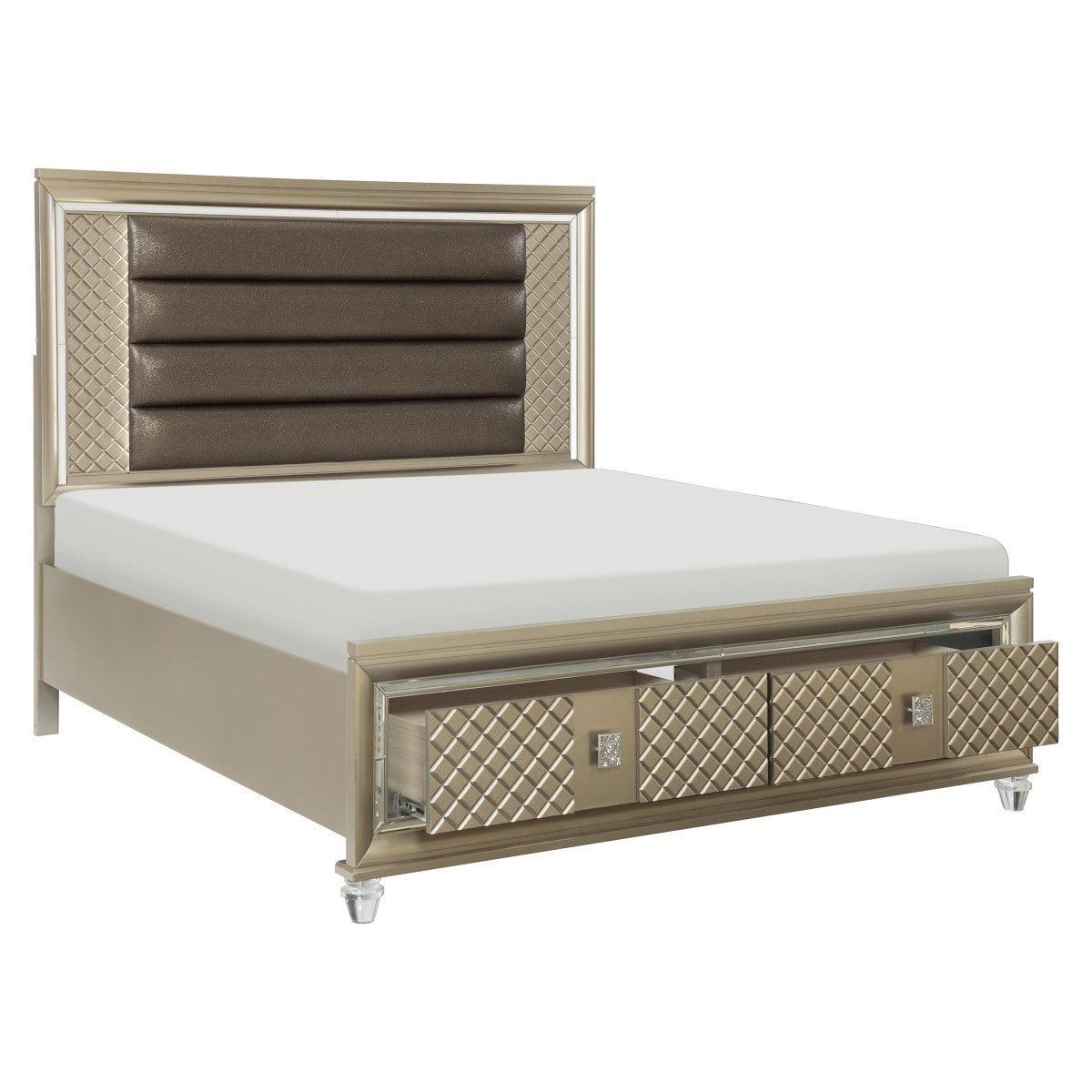 Loudon Champagne Beige Engineered Wood Metallic Faux Leather Upholstered King Storage Platform Bed - Ella Furniture