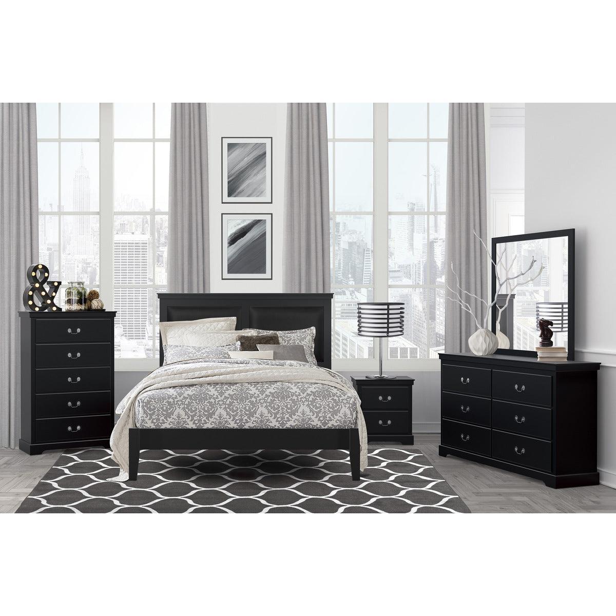 Seabright Black Painted Traditional Engineered Wood Faux Leather Upholstered Queen Panel Bed - Ella Furniture