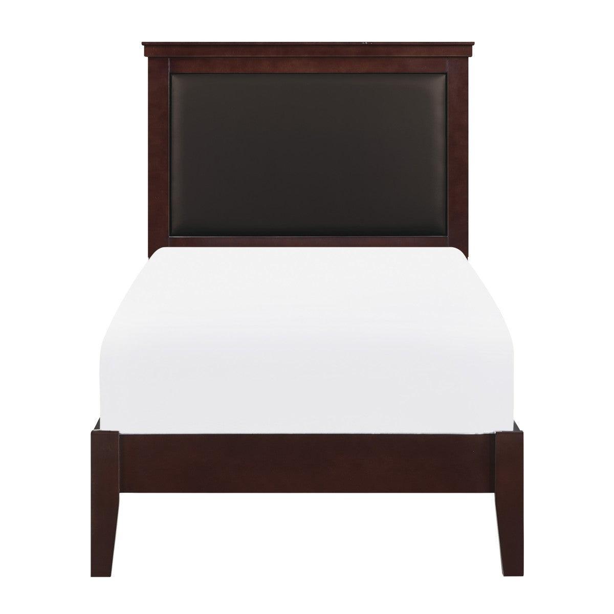 Seabright Cherry Finish Wood And Engineered Wood Faux Leather Upholstered Headboard Twin Bed - Ella Furniture