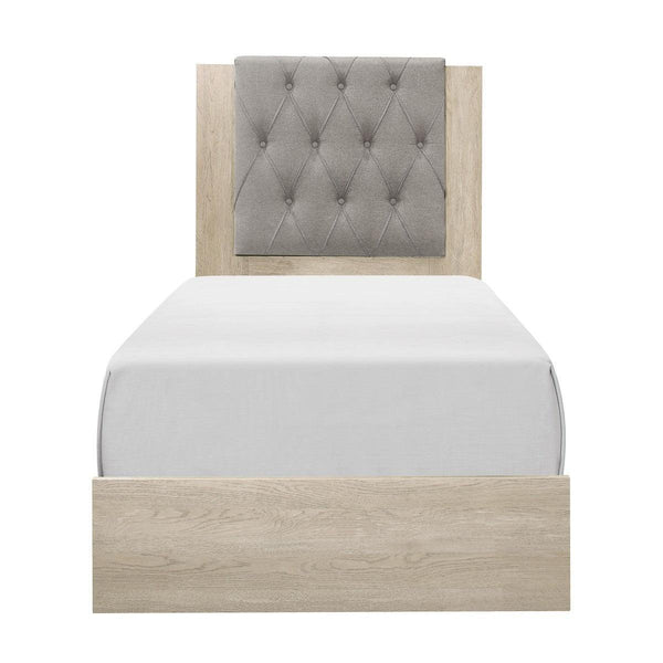 Whiting Cream Faux Wood Veneer, Wood And Engineered Wood Fabric Upholstered Tufted Twin Bed - Ella Furniture