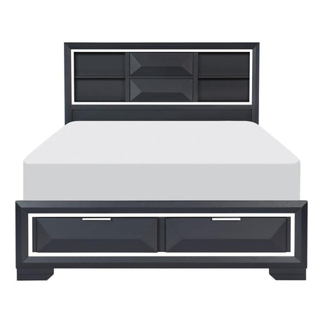 Rosemont Midnight Blue Okume Veneer Wood And Engineered Wood Bookcase Queen Storage Platform Bed - Ella Furniture