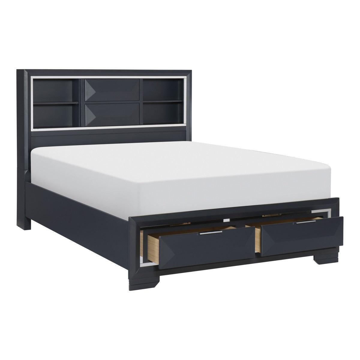 Rosemont Midnight Blue Okume Veneer Wood And Engineered Wood Bookcase Queen Storage Platform Bed - Ella Furniture