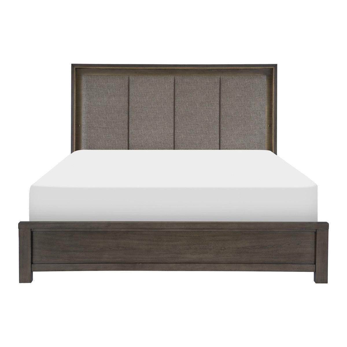 Scarlett Brownish Gray Mindy Veneer Wood And Engineered Wood Fabric Upholstered LED Queen Panel Bed - Ella Furniture