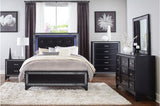 Salon Black Modern Contemporary Solid Wood Faux Leather Upholstered Tufted LED Panel Bedroom Set - Ella Furniture