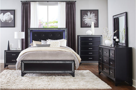 Salon Black Modern Contemporary Solid Wood Faux Leather Upholstered Tufted LED Panel Bedroom Set - Ella Furniture