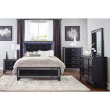 Salon Black Wood And Engineered Wood Faux Leather Upholstered Tufted Headboard LED King Panel Bed - Ella Furniture