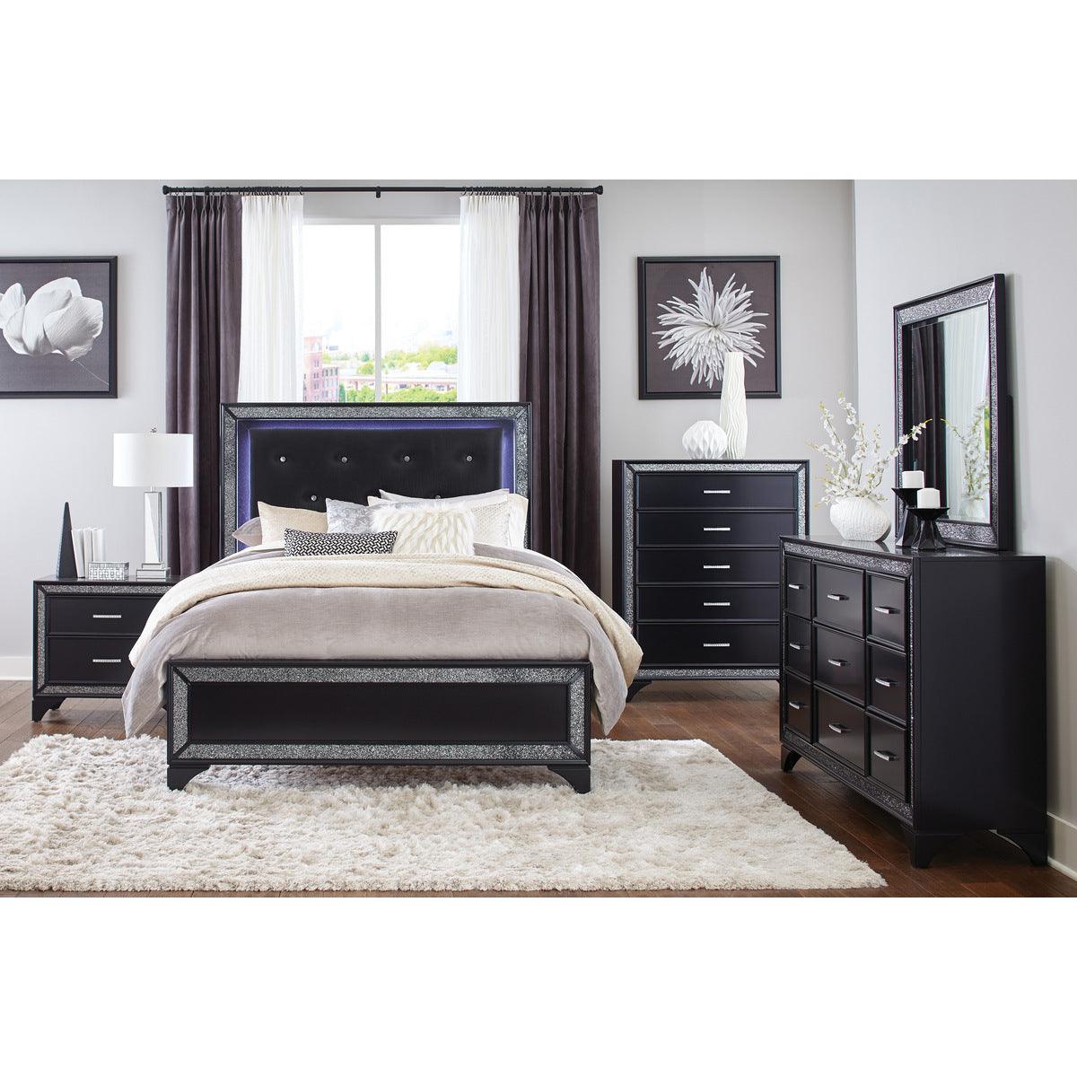 Salon Black Wood And Engineered Wood Faux Leather Upholstered Tufted Headboard LED King Panel Bed - Ella Furniture