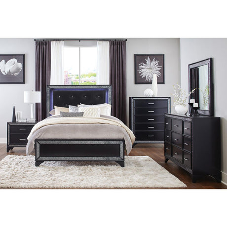 Salon Black Wood And Engineered Wood Faux Leather Upholstered Tufted Headboard LED King Panel Bed - Ella Furniture