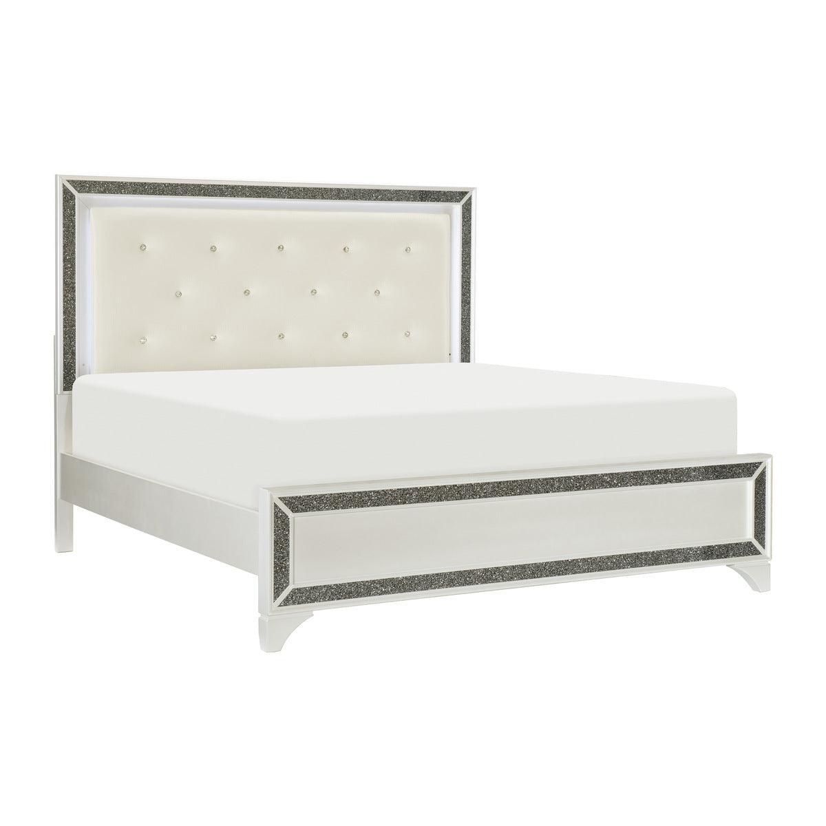 Salon Pearl White Wood And Engineered Wood Faux Leather Upholstered Tufted LED Queen Panel Bed - Ella Furniture