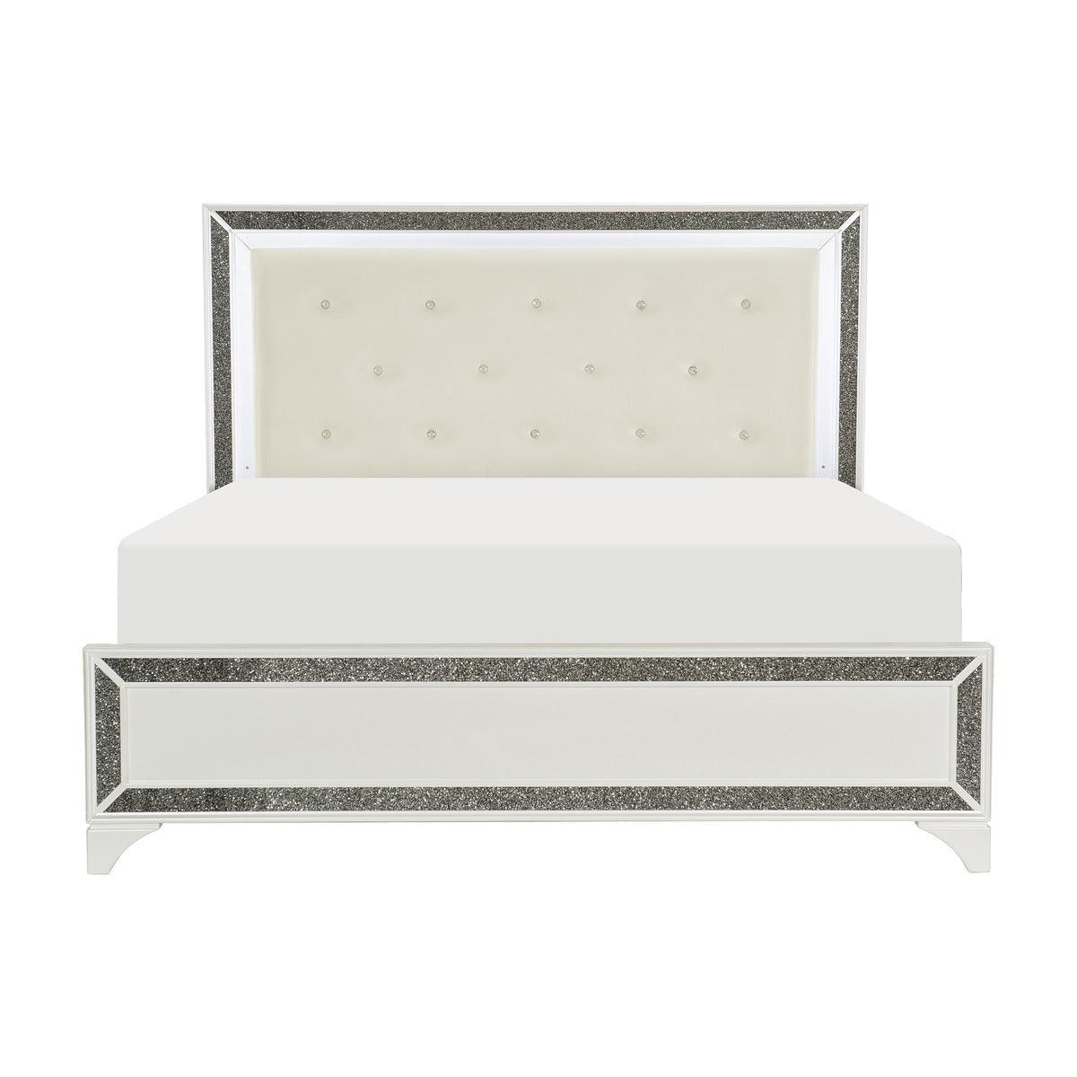 Salon Pearl White Wood And Engineered Wood Faux Leather Upholstered Tufted LED Queen Panel Bed - Ella Furniture