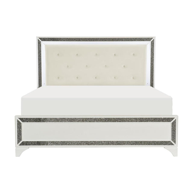 Salon Pearl White Wood And Engineered Wood Faux Leather Upholstered Tufted LED Queen Panel Bed - Ella Furniture