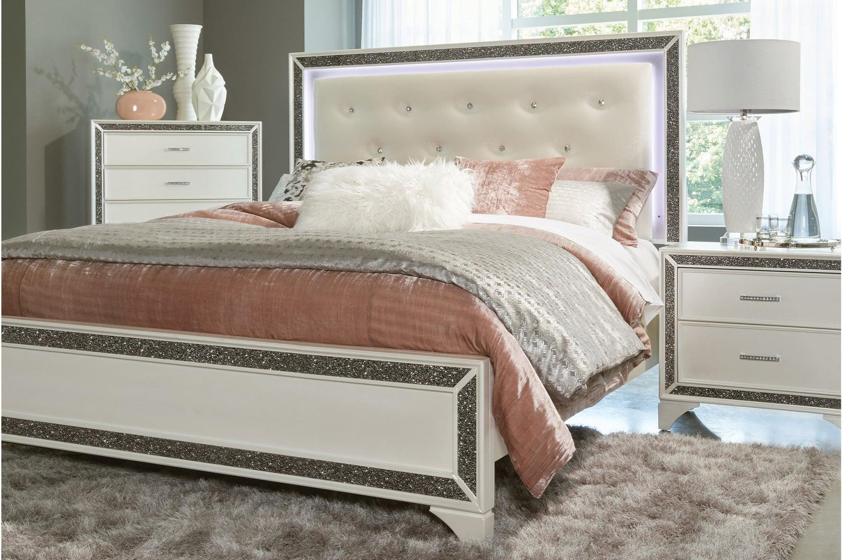Salon White Modern Contemporary Solid Wood Faux Leather Upholstered Tufted LED Panel Bedroom Set - Ella Furniture