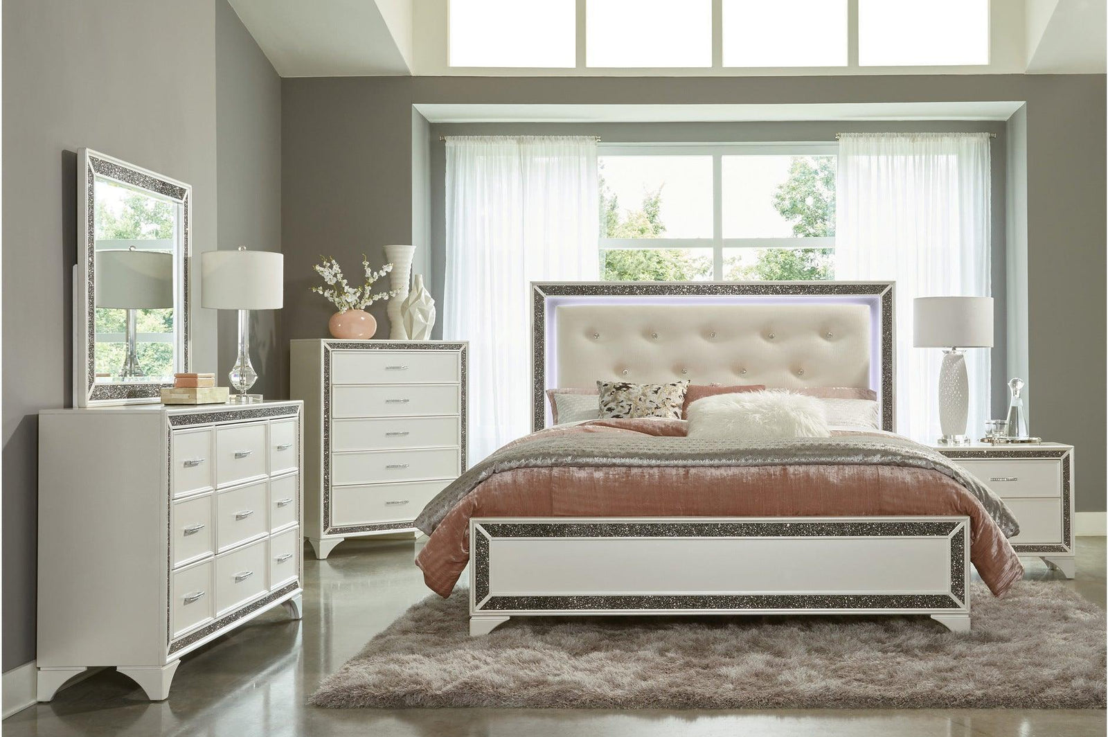 Salon White Modern Contemporary Solid Wood Faux Leather Upholstered Tufted LED Panel Bedroom Set - Ella Furniture