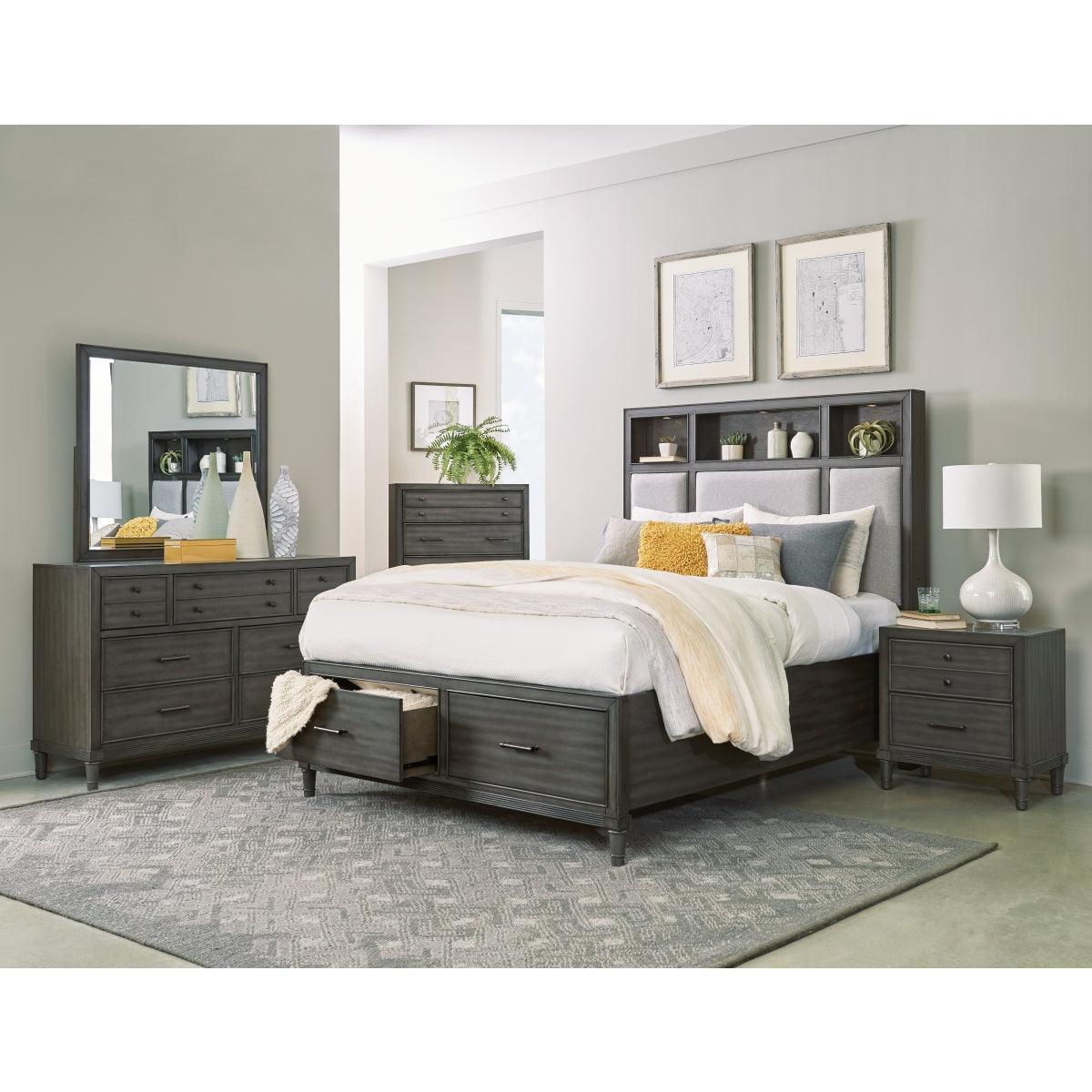 Wittenberry Gray Transitional Engineered Wood Fabric Upholstered LED Storage Queen Platform Bed - Ella Furniture