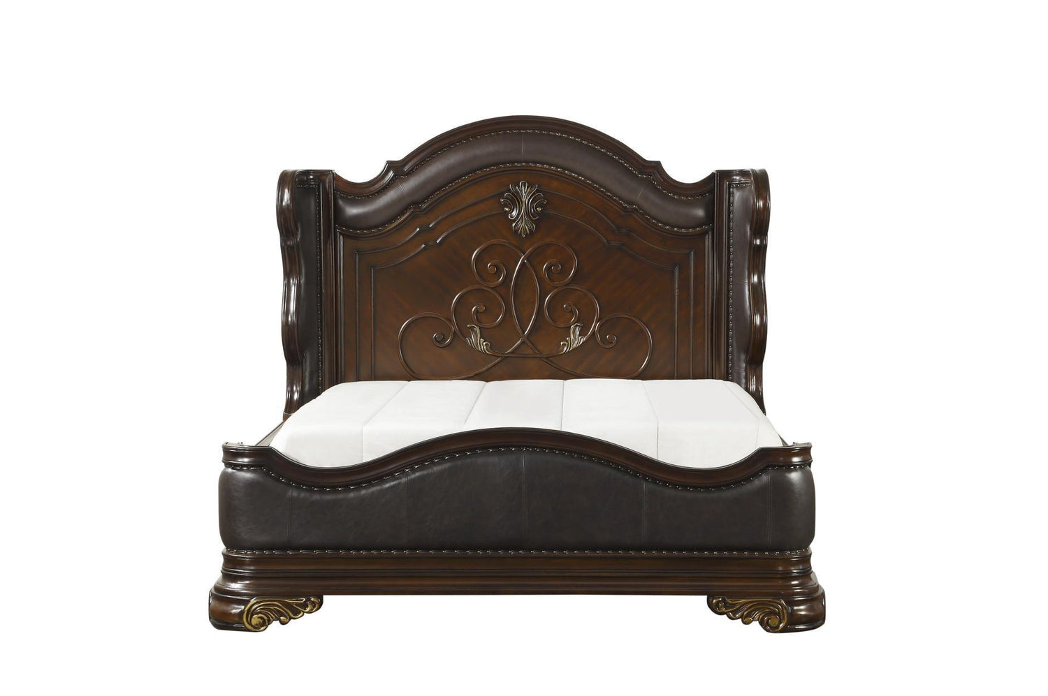 Royal Highlands Brown Cherry Finish Contemporary Solid Wood Faux Leather Upholstered Bedroom Set - Ella Furniture