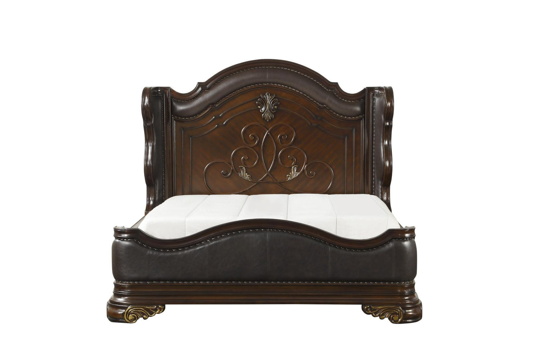 Royal Highlands Brown Cherry Finish Contemporary Solid Wood Faux Leather Upholstered Bedroom Set - Ella Furniture