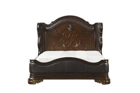 Royal Highlands Brown Cherry Finish Contemporary Solid Wood Faux Leather Upholstered Bedroom Set - Ella Furniture
