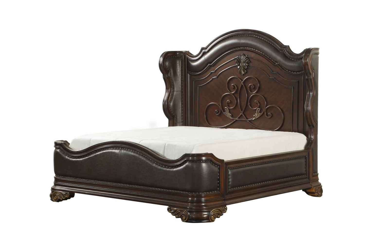 Royal Highlands Brown Cherry Finish Contemporary Solid Wood Faux Leather Upholstered Bedroom Set - Ella Furniture