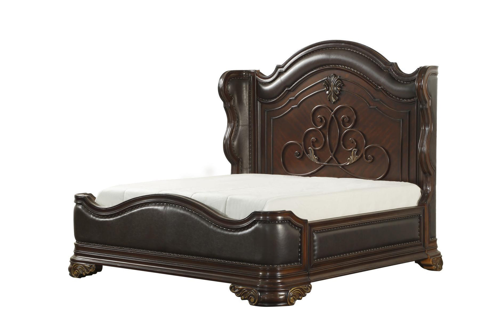Royal Highlands Brown Cherry Finish Contemporary Solid Wood Faux Leather Upholstered Bedroom Set - Ella Furniture