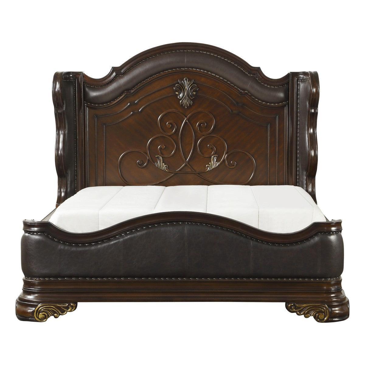 Royal Cherry Modern Traditional Wood And Engineered Wood Faux Leather Upholstered King Panel Bed - Ella Furniture