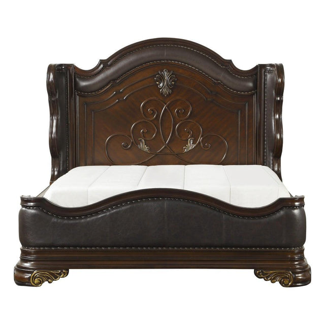 Royal Cherry Modern Traditional Wood And Engineered Wood Faux Leather Upholstered King Panel Bed - Ella Furniture