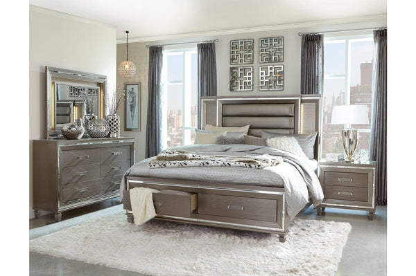 Tamsin Silver Gray Solid Wood Faux Leather Upholstered LED Storage Platform Bedroom Set - Ella Furniture