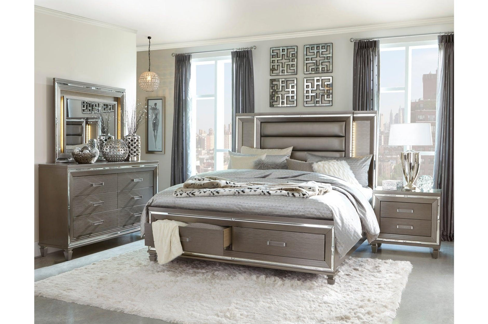 Tamsin Silver Gray Solid Wood Faux Leather Upholstered LED Storage Platform Bedroom Set - Ella Furniture