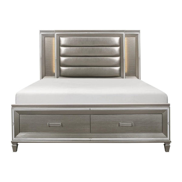 Tamsin Silver Gray Wood Faux Leather Upholstered Queen Platform Bed Storage, LED Lighting - Ella Furniture