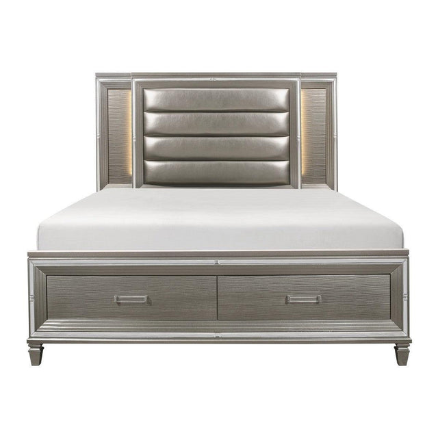 Tamsin Silver Gray Wood Faux Leather Upholstered Queen Platform Bed Storage, LED Lighting - Ella Furniture