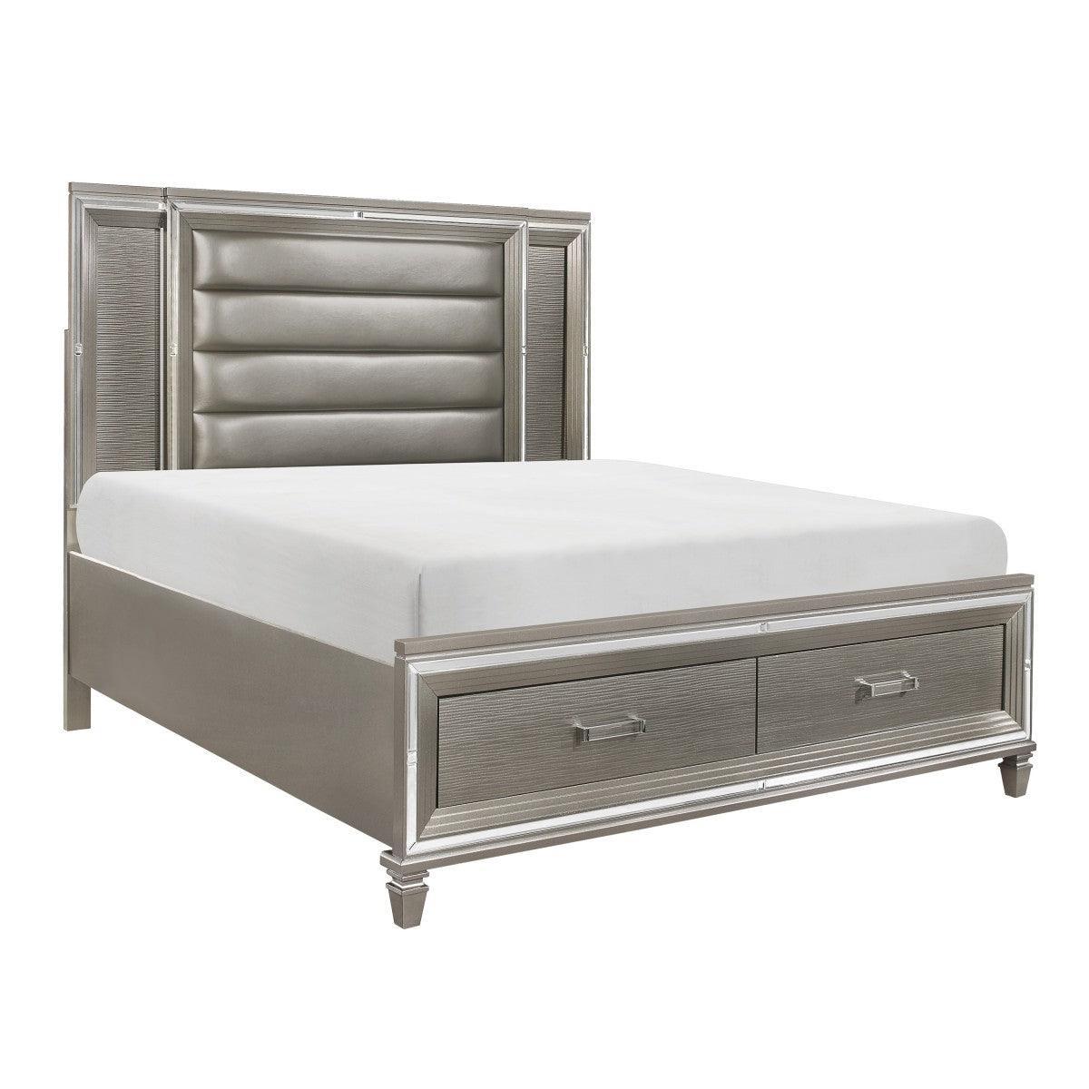 Tamsin Silver Gray Wood Faux Leather Upholstered Queen Platform Bed Storage, LED Lighting - Ella Furniture