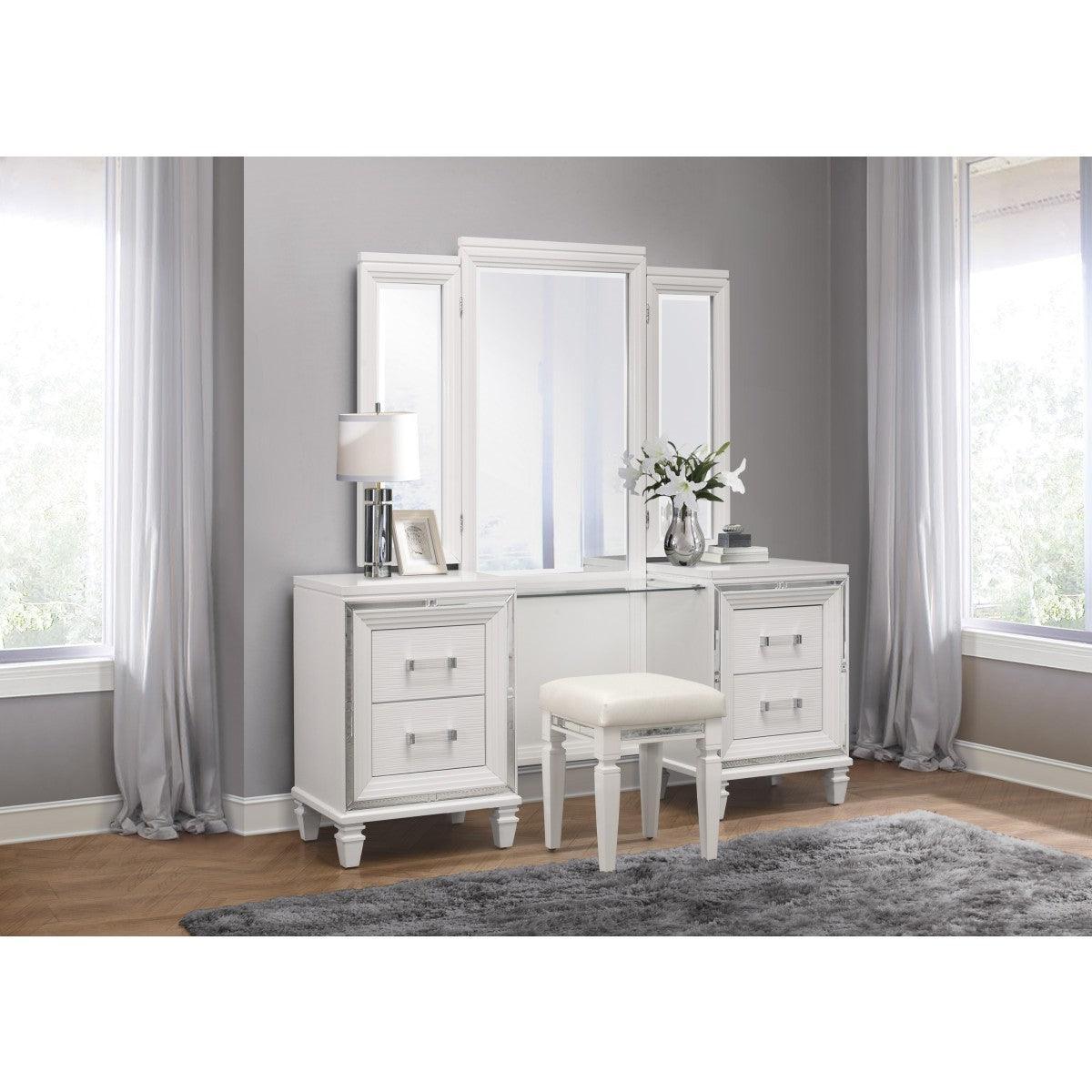 Tamsin White Metallic Contemporary Wood And Engineered Wood Vanity Dresser With Mirror - Ella Furniture