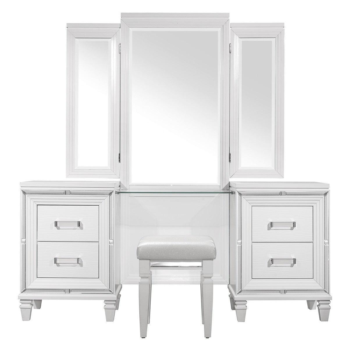 Tamsin White Metallic Contemporary Wood And Engineered Wood Vanity Dresser With Mirror - Ella Furniture