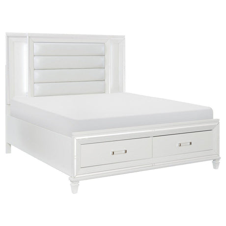 Tamsin White Solid Wood Faux Leather Upholstered Queen Platform Bed With Footboard Storage, LED Lighting - Ella Furniture