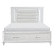 Tamsin White Solid Wood Faux Leather Upholstered Queen Platform Bed With Footboard Storage, LED Lighting - Ella Furniture