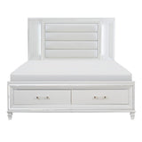 Tamsin White Solid Wood Faux Leather Upholstered Queen Platform Bed With Footboard Storage, LED Lighting - Ella Furniture