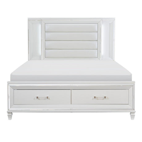 Tamsin White Solid Wood Faux Leather Upholstered Queen Platform Bed With Footboard Storage, LED Lighting - Ella Furniture