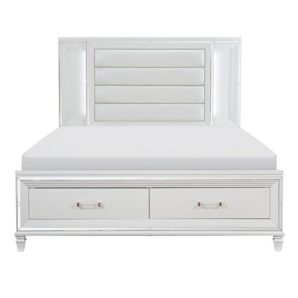 Tamsin White Solid Wood Faux Leather Upholstered Queen Platform Bed With Footboard Storage, LED Lighting - Ella Furniture