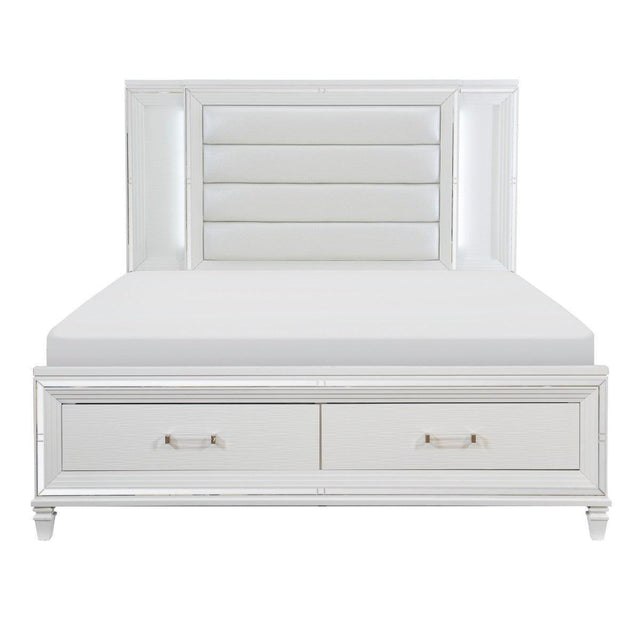Tamsin White Solid Wood Faux Leather Upholstered Queen Platform Bed With Footboard Storage, LED Lighting - Ella Furniture