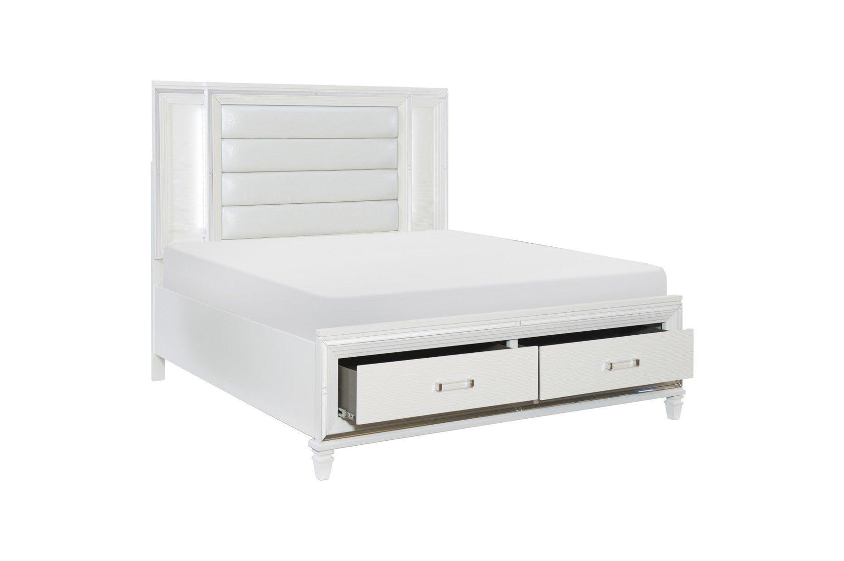 Tamsin White Contemporary Solid Wood Faux Leather Upholstered LED Storage Platform Bedroom Set - Ella Furniture