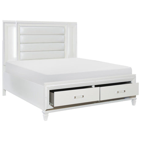 Tamsin White Solid Wood Faux Leather Upholstered Queen Platform Bed With Footboard Storage, LED Lighting - Ella Furniture