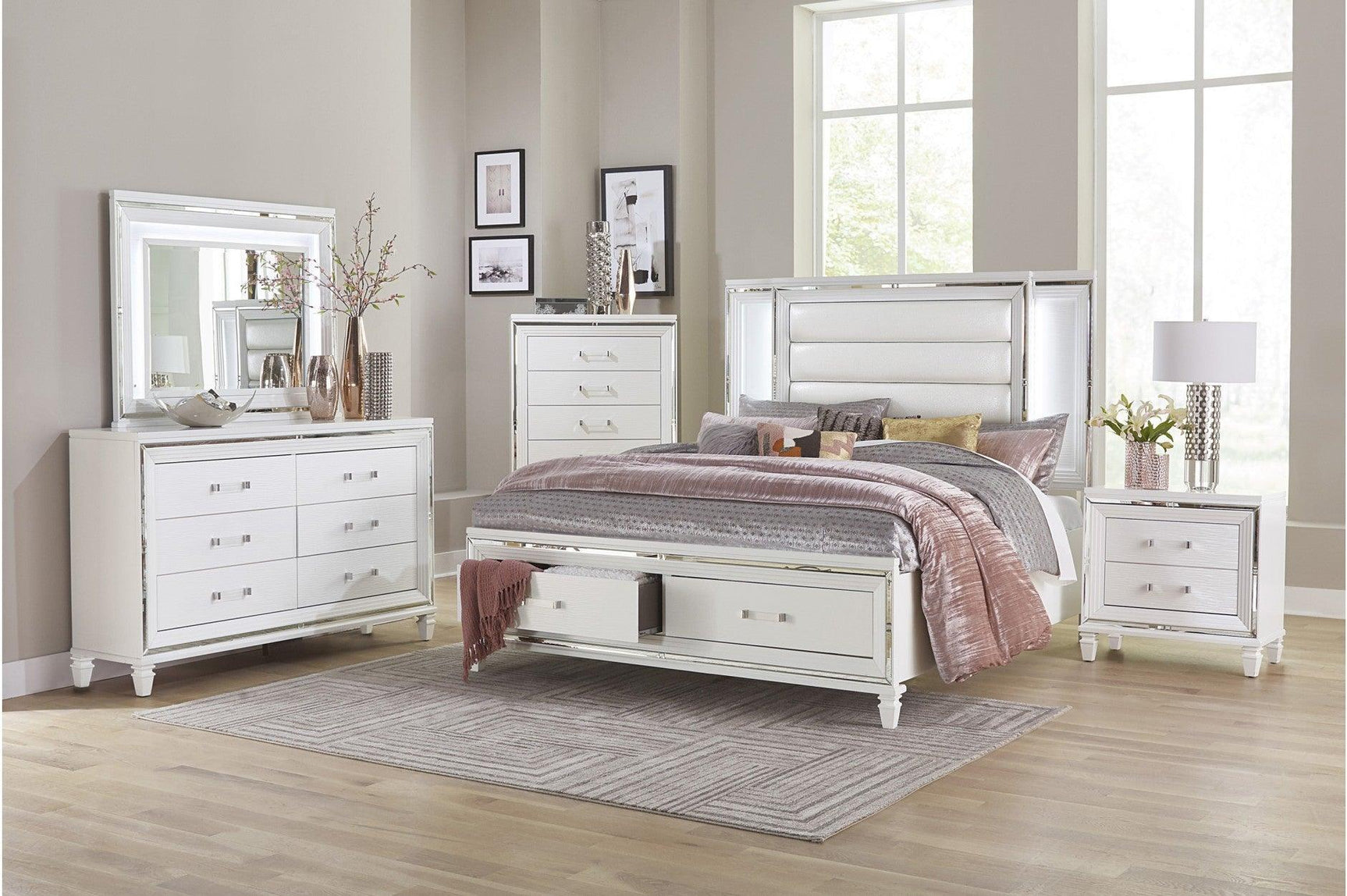 Tamsin White Contemporary Solid Wood Faux Leather Upholstered LED Storage Platform Bedroom Set - Ella Furniture