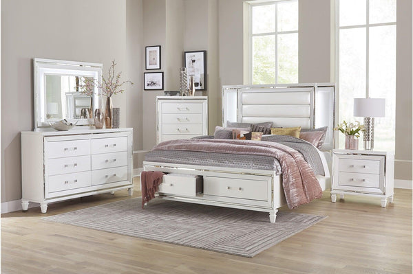 Tamsin White Contemporary Solid Wood Faux Leather Upholstered LED Storage Platform Bedroom Set - Ella Furniture