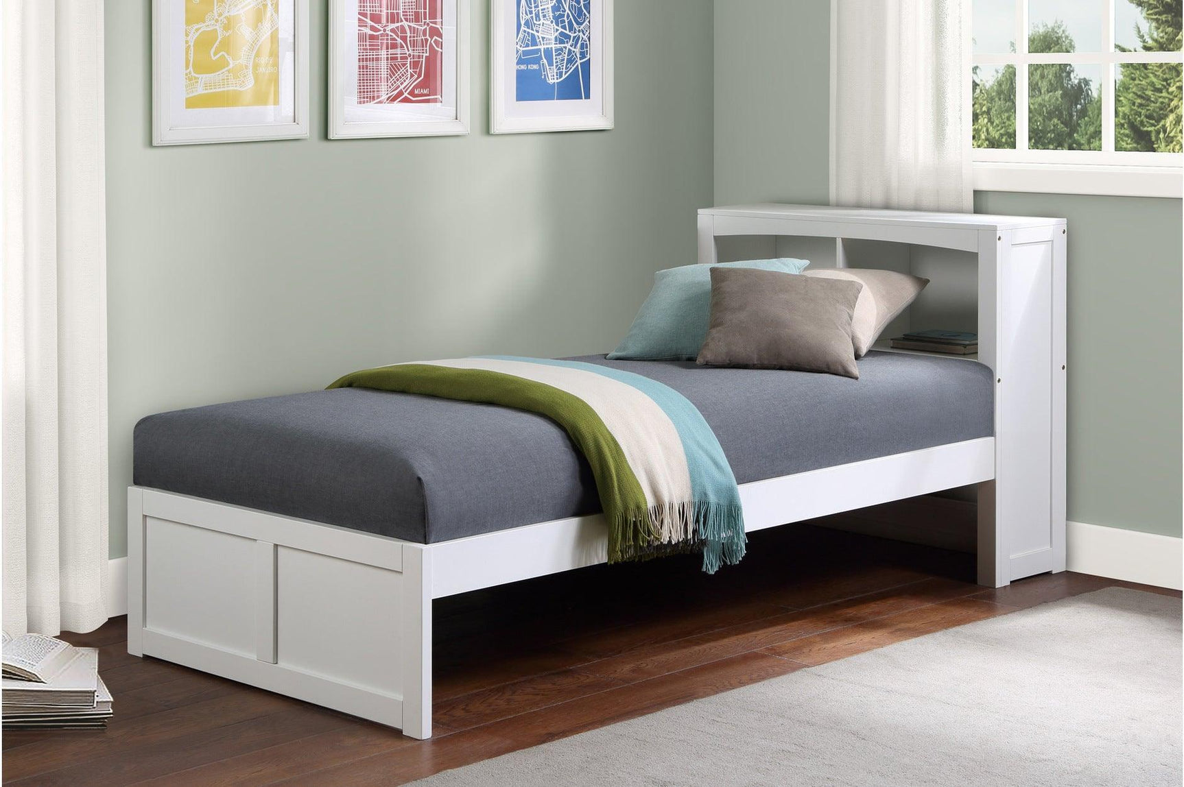 Galen White Modern Transitional Solid Wood Twin Bed And Twin Corner Bookcase Bed - Ella Furniture