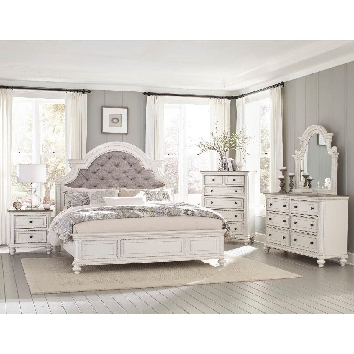 Baylesford Antique White Wood And Engineered Wood Fabric Upholstered Tufted King Panel Bed - Ella Furniture