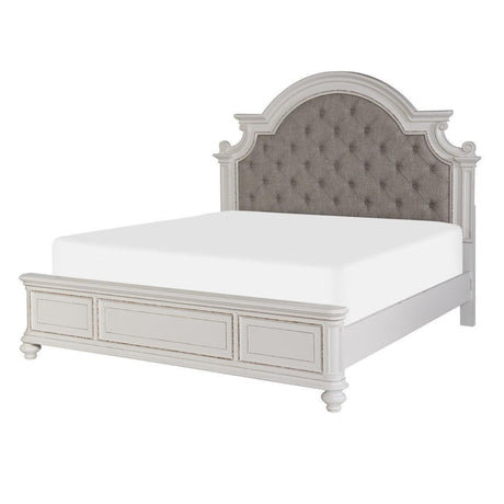 Baylesford Antique White Wood And Engineered Wood Fabric Upholstered Tufted King Panel Bed - Ella Furniture